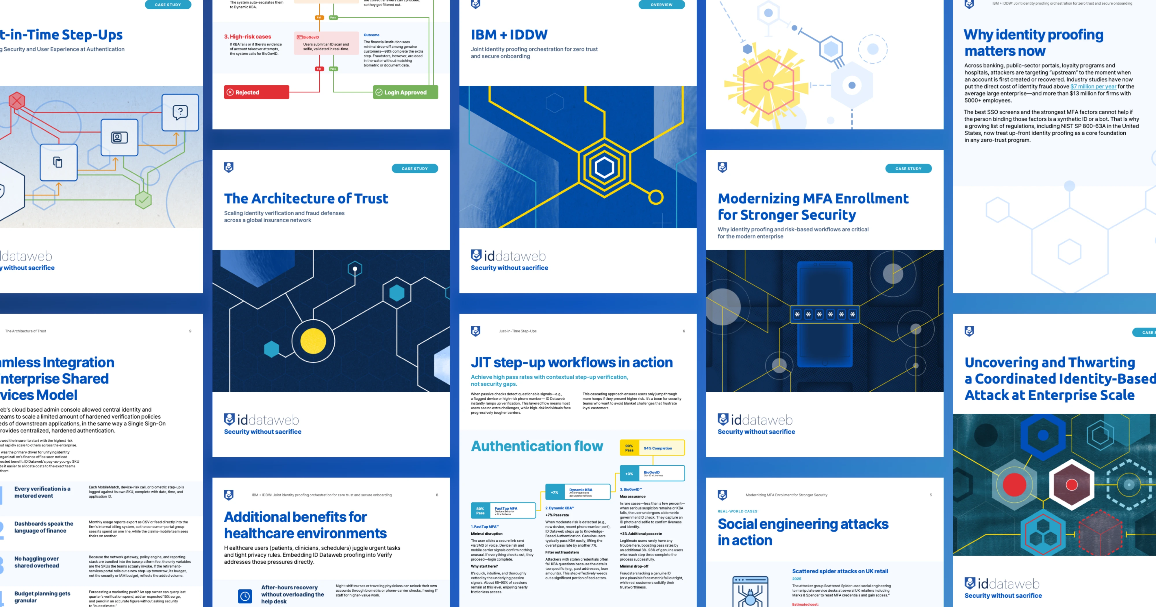 A collection of ID Dataweb white paper and case study covers, including 'IBM + IDDW,' 'The Architecture of Trust,' and 'Modernizing MFA Enrollment for Stronger Security'