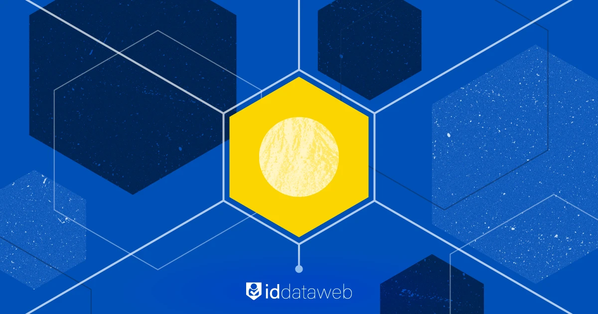 An abstract illustration of a yellow hexagon with a textured circle, set against a blue hexagonal grid