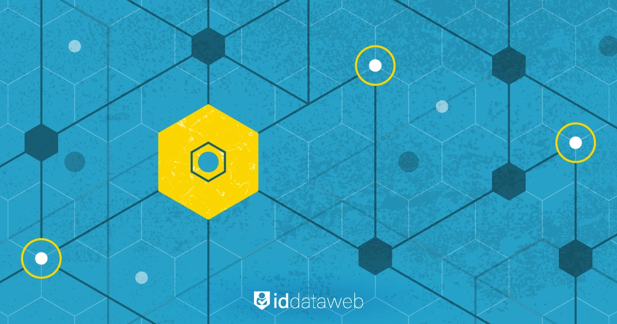An abstract illustration of interconnected hexagons in teal and yellow with the ID Dataweb logo
