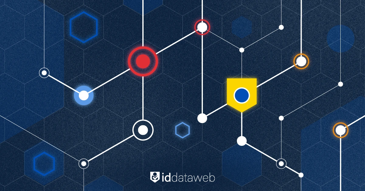 A dark blue network illustration of connected nodes with a glowing yellow shield icon at the center