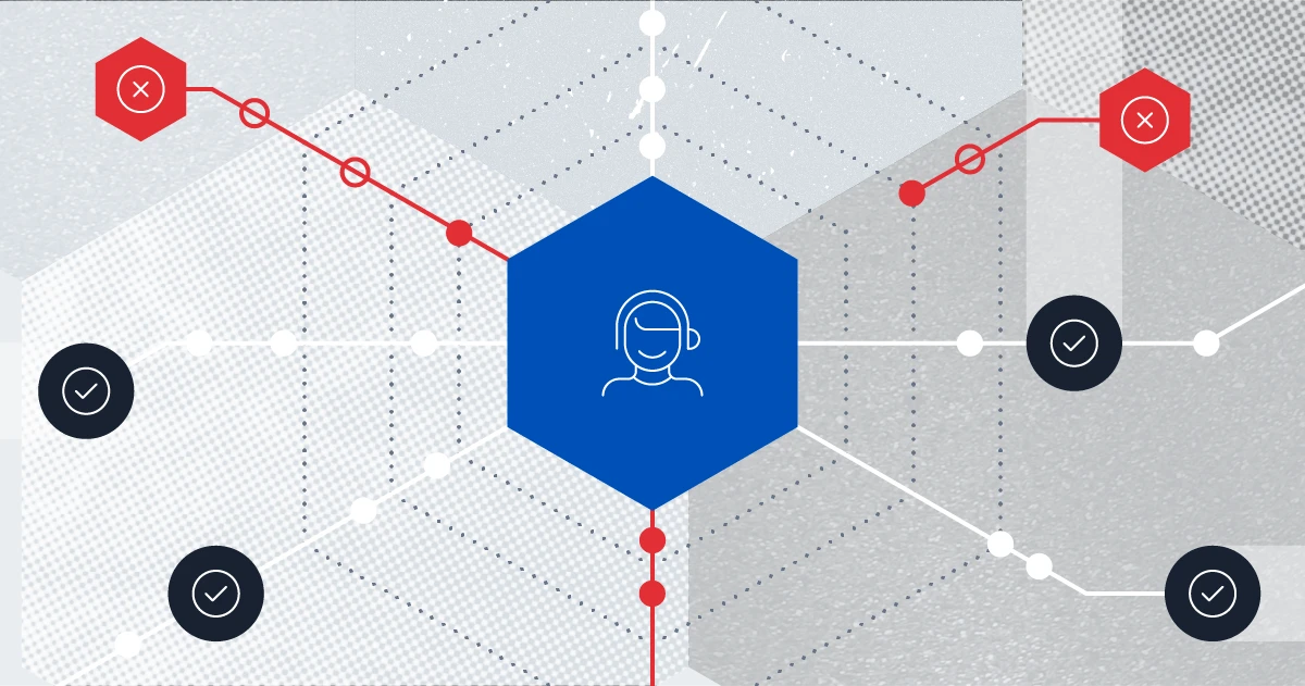 An abstract illustration of a headset support icon at the center of a network of approval and rejection status icons