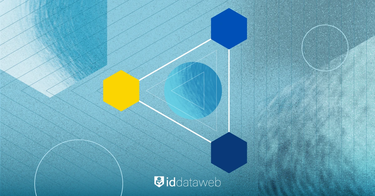 An abstract textured illustration of three connected hexagons in blue and yellow with the ID Dataweb logo