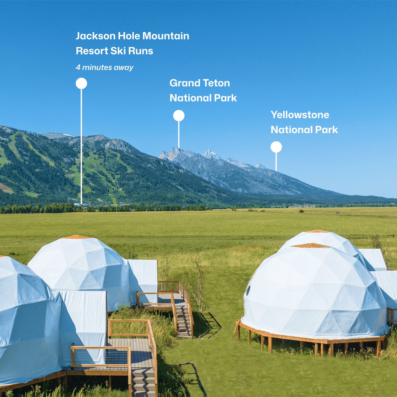 Geodesic dome in front of stream and Teton Mountains with pins pointing out JHMR, Grand Teton National Park, and Yellow Stone National Park.