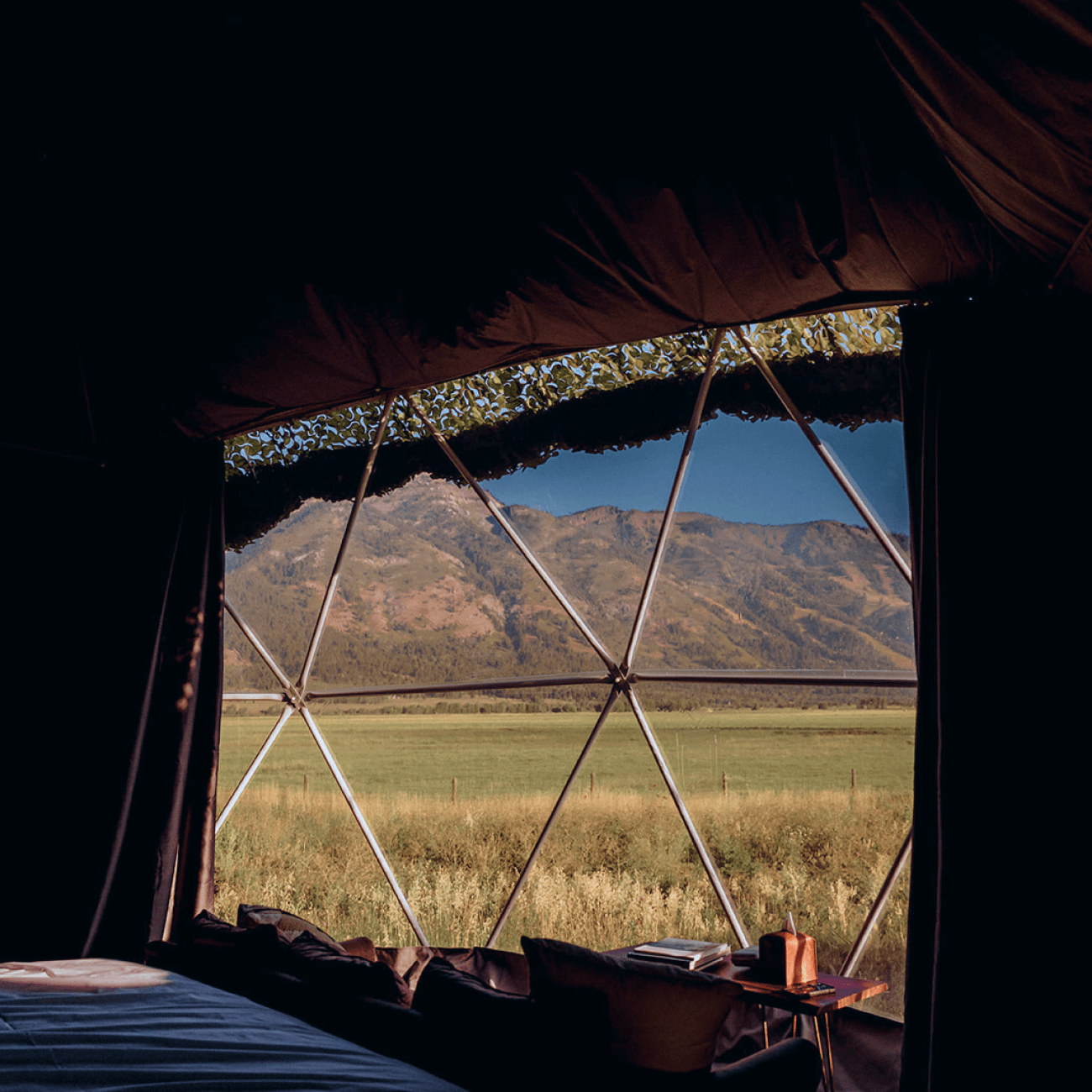 View of Grand Teton range from inside geodesic dome.