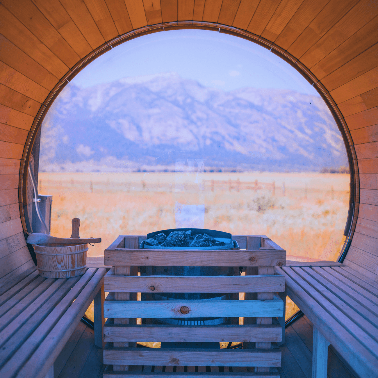 Teton Mountain range view from inside the sauna.