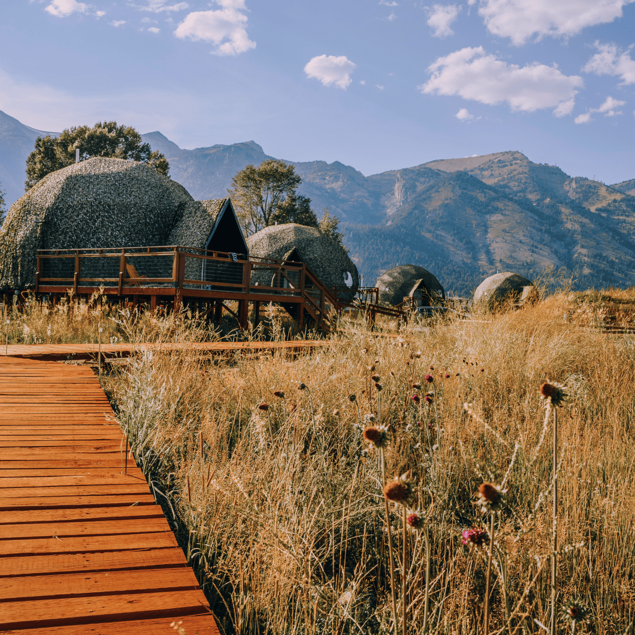 View of geodesic domes and staff building in front of Teton Mountains.