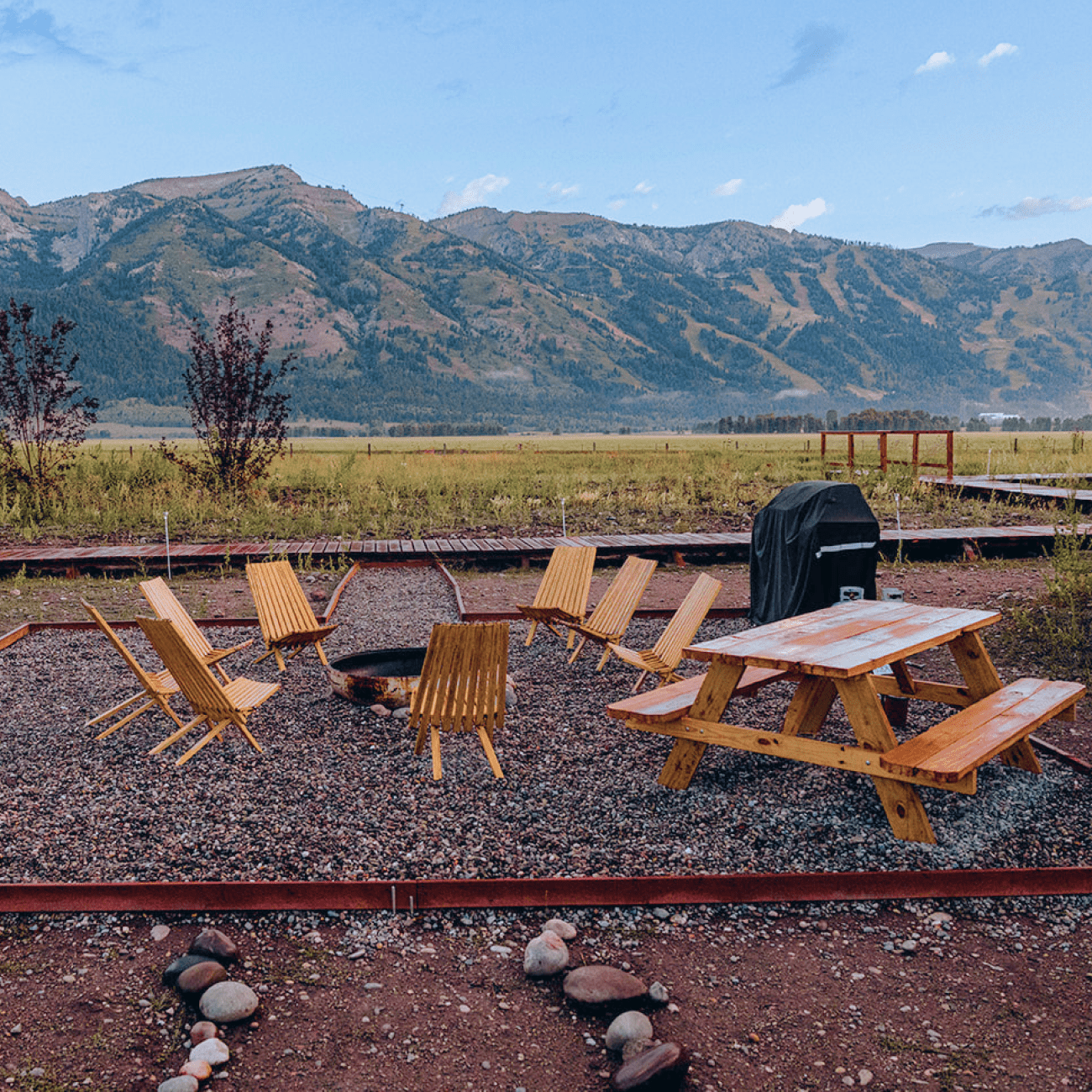 View of Grand Teton Range from outside seating area at Tammah.
