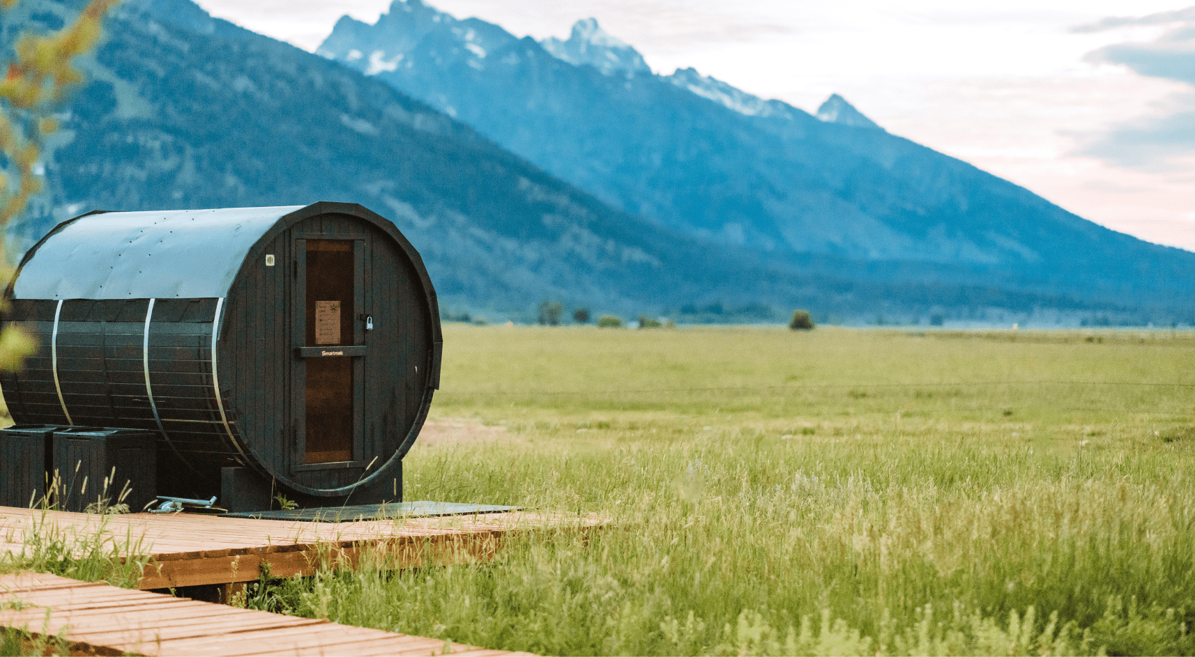 Sauna in front of Grand Teton mountain range.