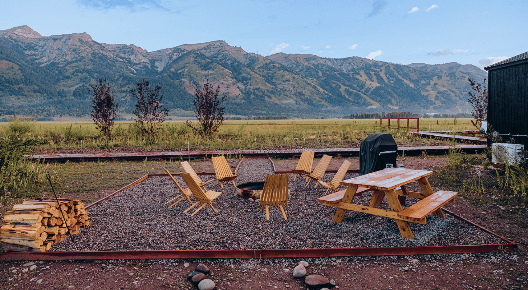 View of Grand Teton Range from outside seating area at Tammah.