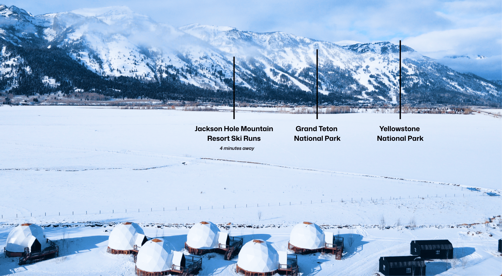 Geodesic dome in front of stream and Teton Mountains with pins pointing out JHMR, Grand Teton National Park, and Yellow Stone National Park.