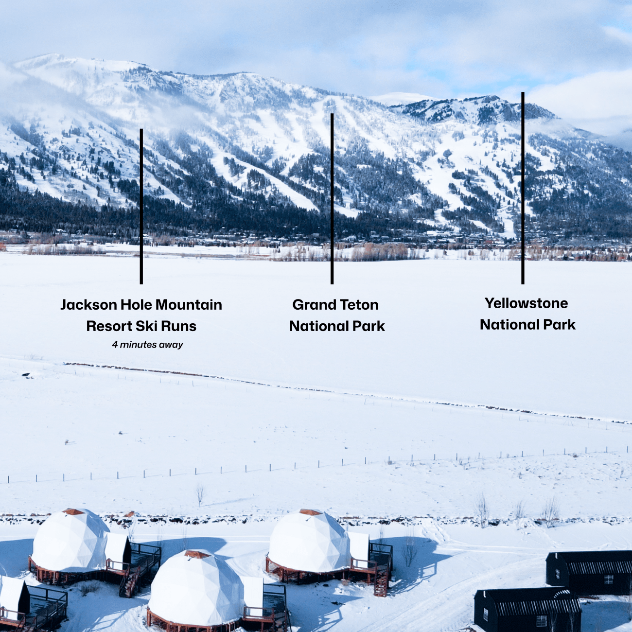 Geodesic dome in front of stream and Teton Mountains with pins pointing out JHMR, Grand Teton National Park, and Yellow Stone National Park.