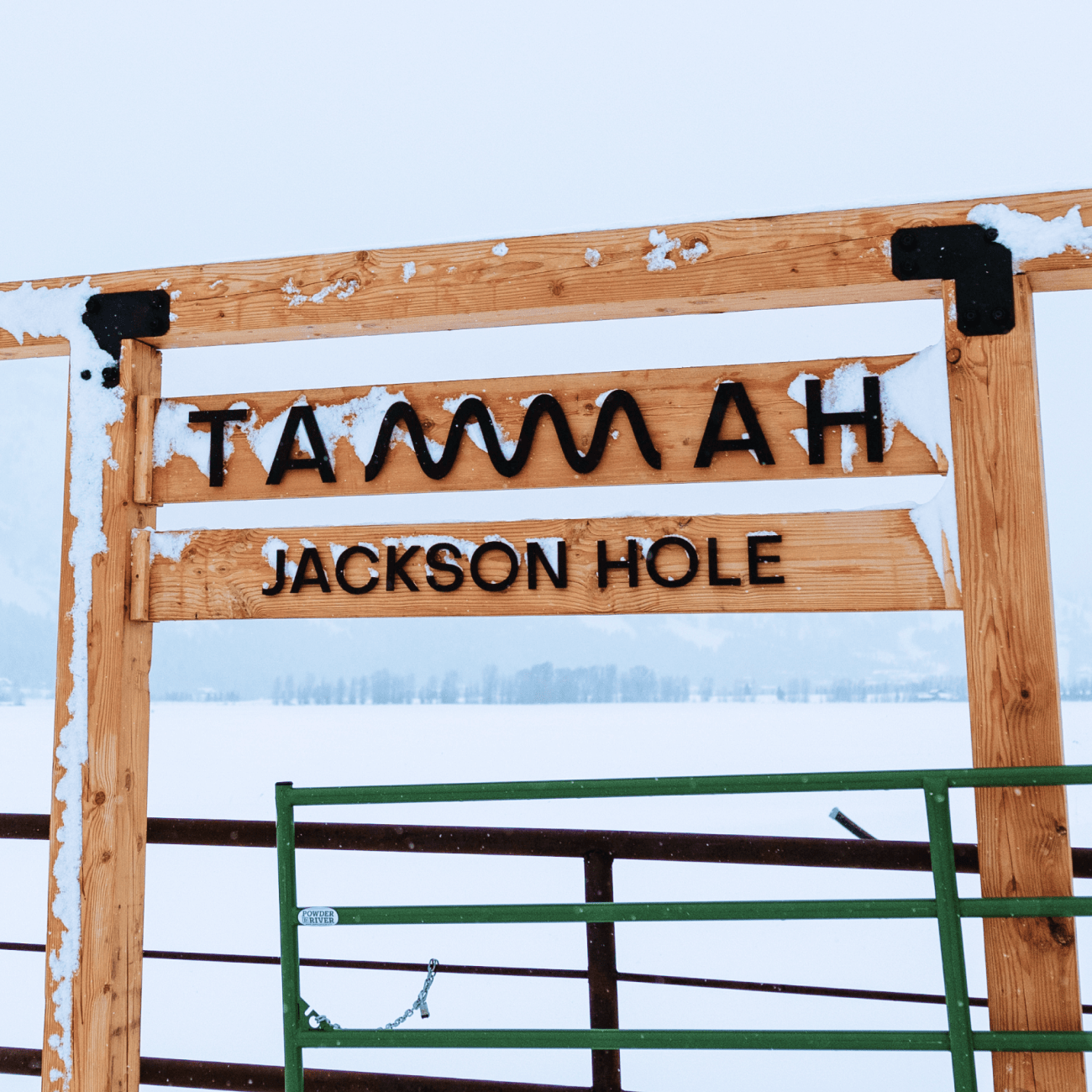 Tammah Jackson Hole sign in front of Grand Teton Mountain range.