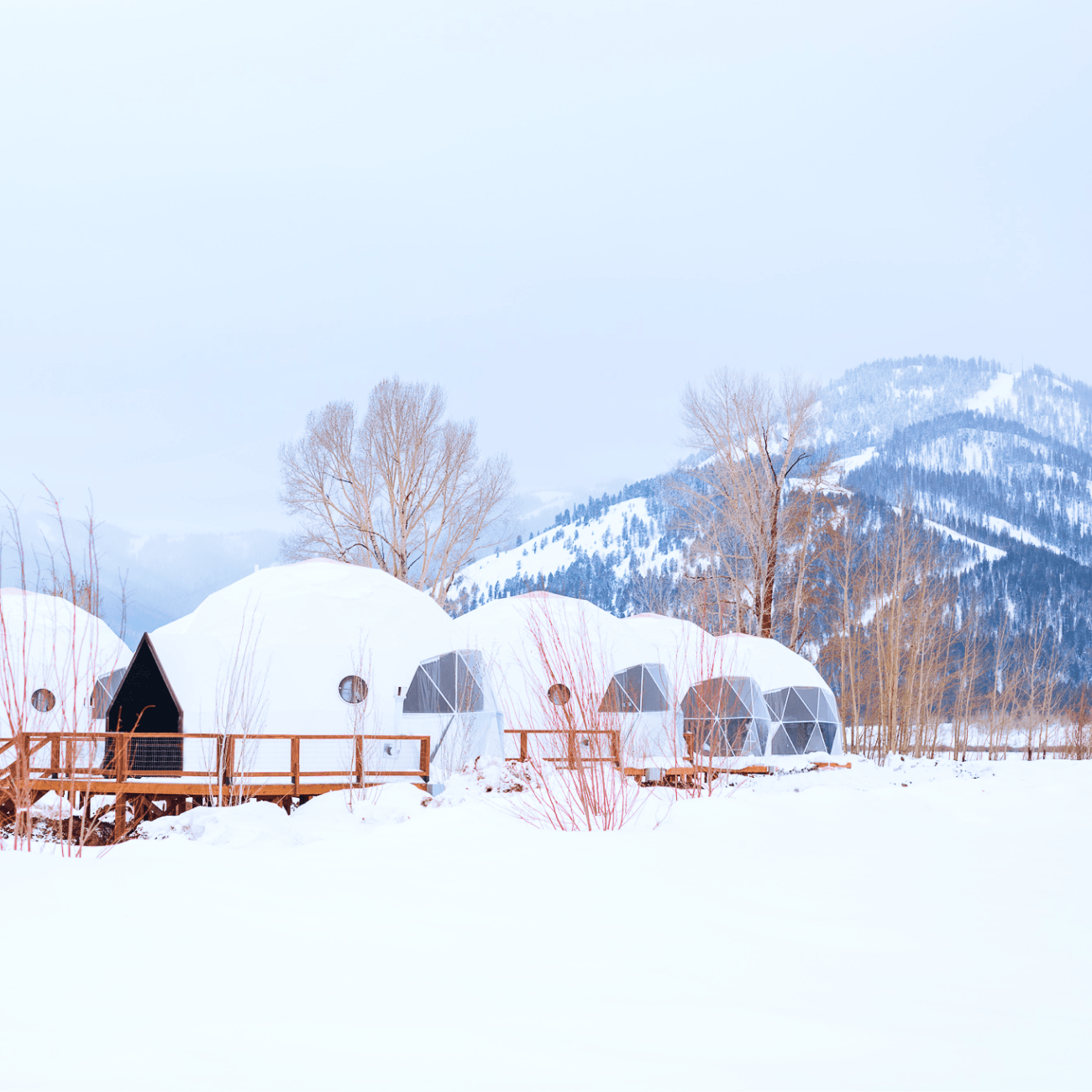 Geodesic domes in front of Grand Teton Mountains in the winter.