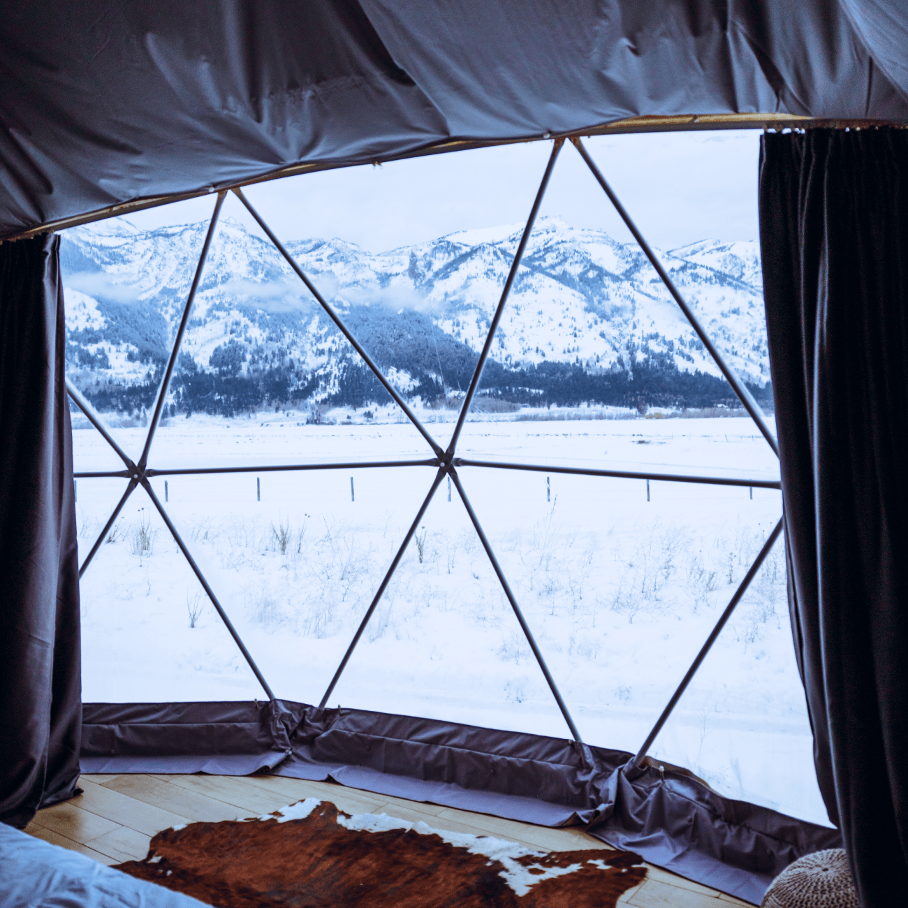 View of Grand Teton range from inside geodesic dome.