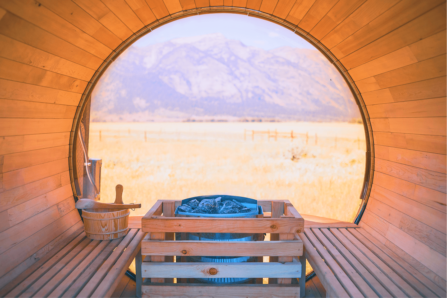 Teton Mountain range view from inside the sauna.