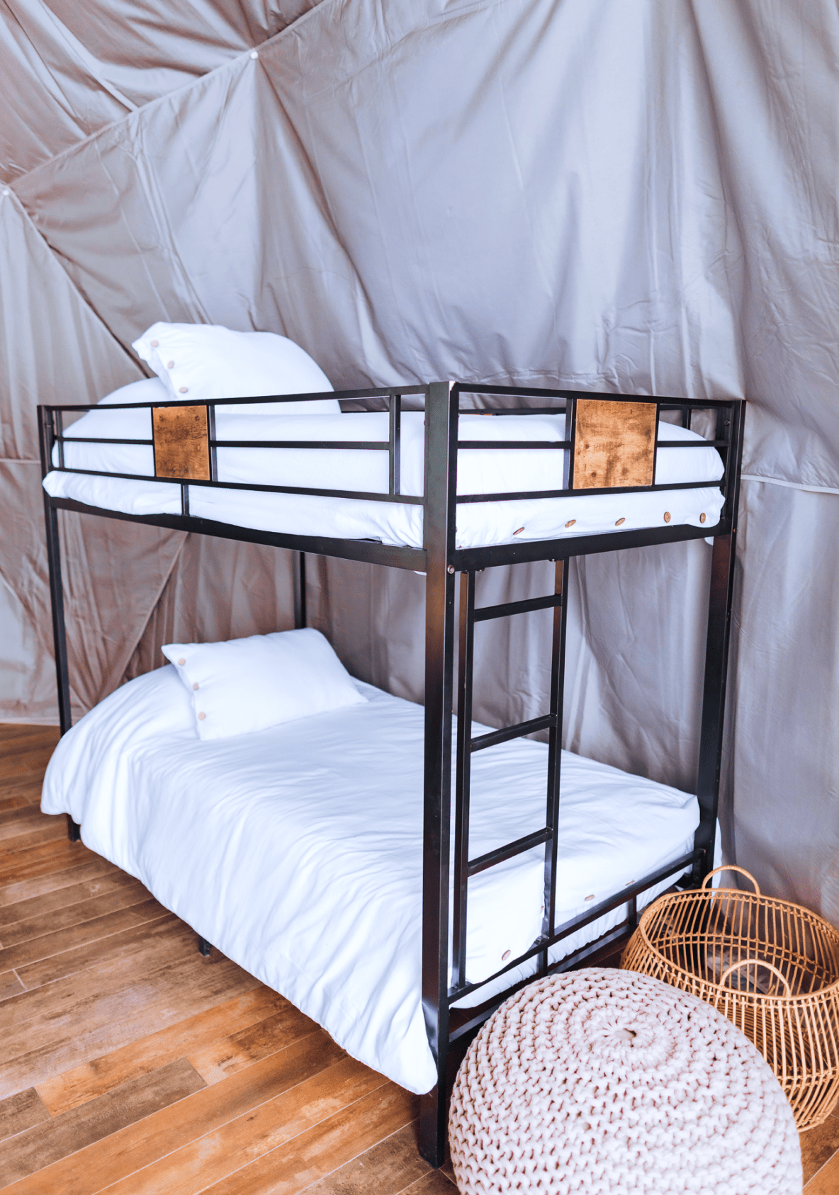 Sink and mirror in bathroom of geodesic dome