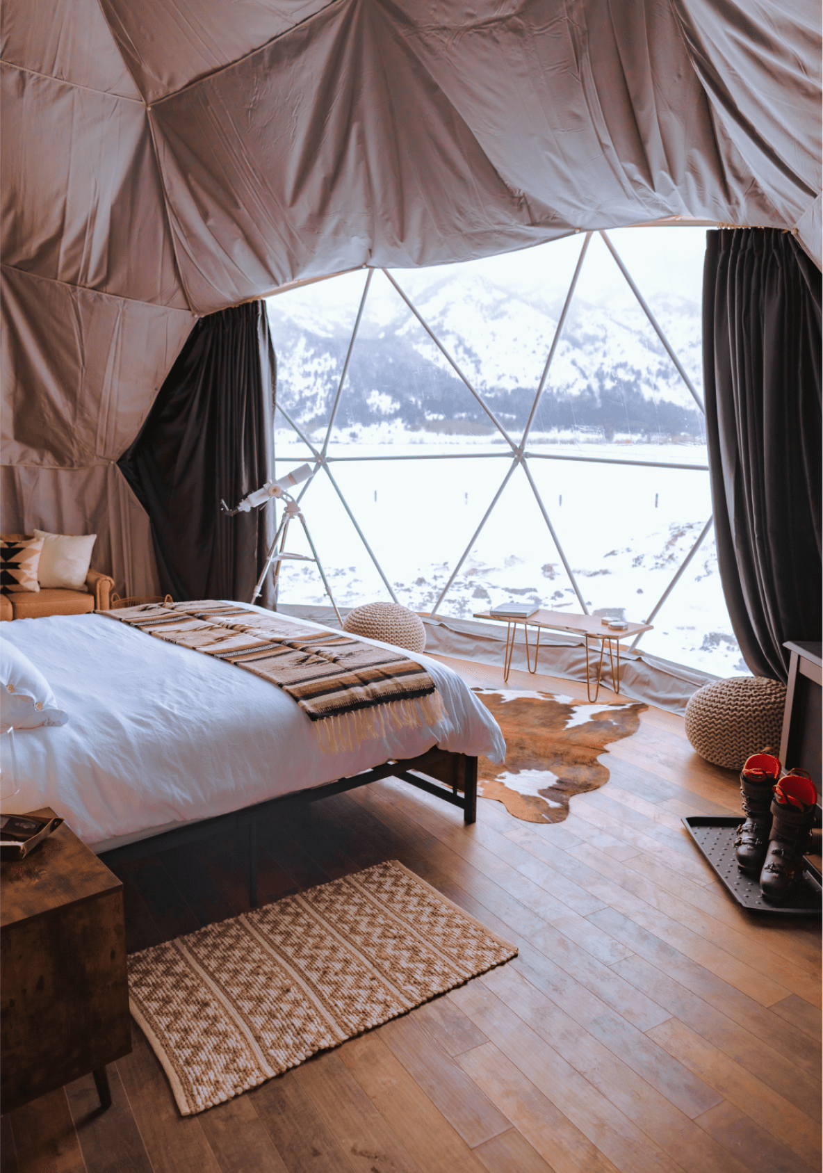 Sink and mirror in bathroom of geodesic dome