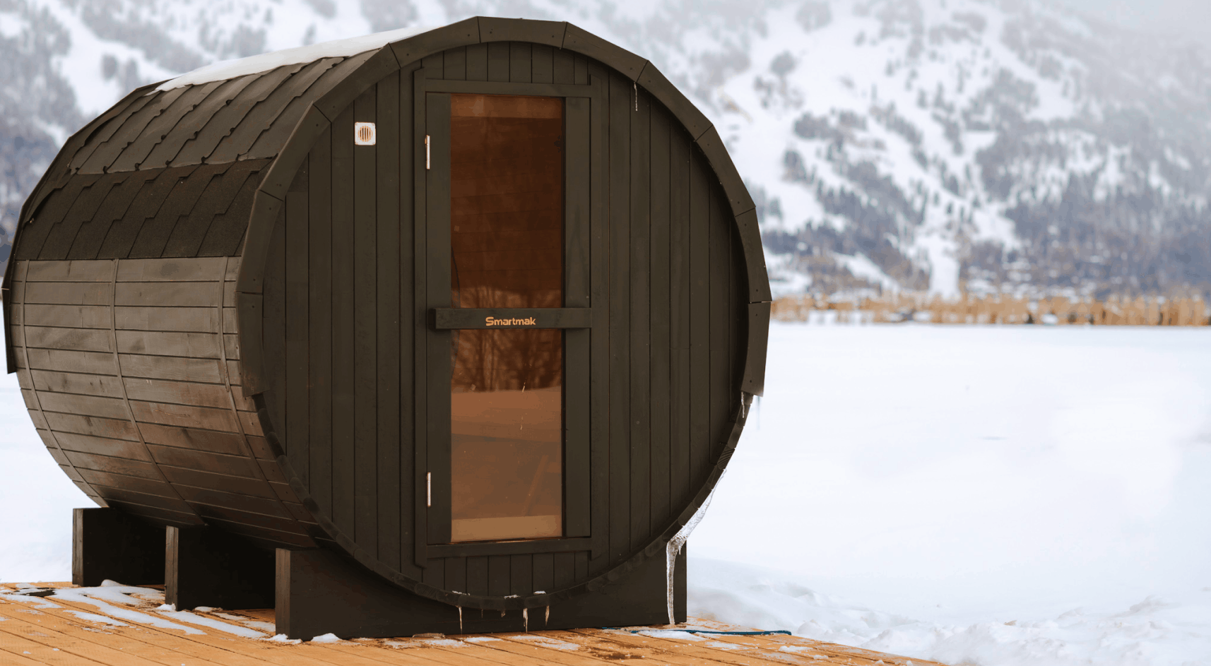 Sauna in front of Grand Teton mountain range.