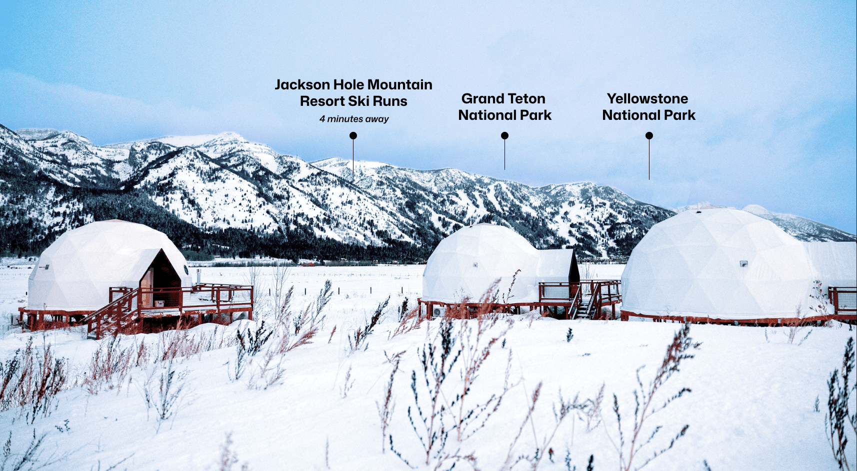 Geodesic dome in front of stream and Teton Mountains with pins pointing out JHMR, Grand Teton National Park, and Yellow Stone National Park.