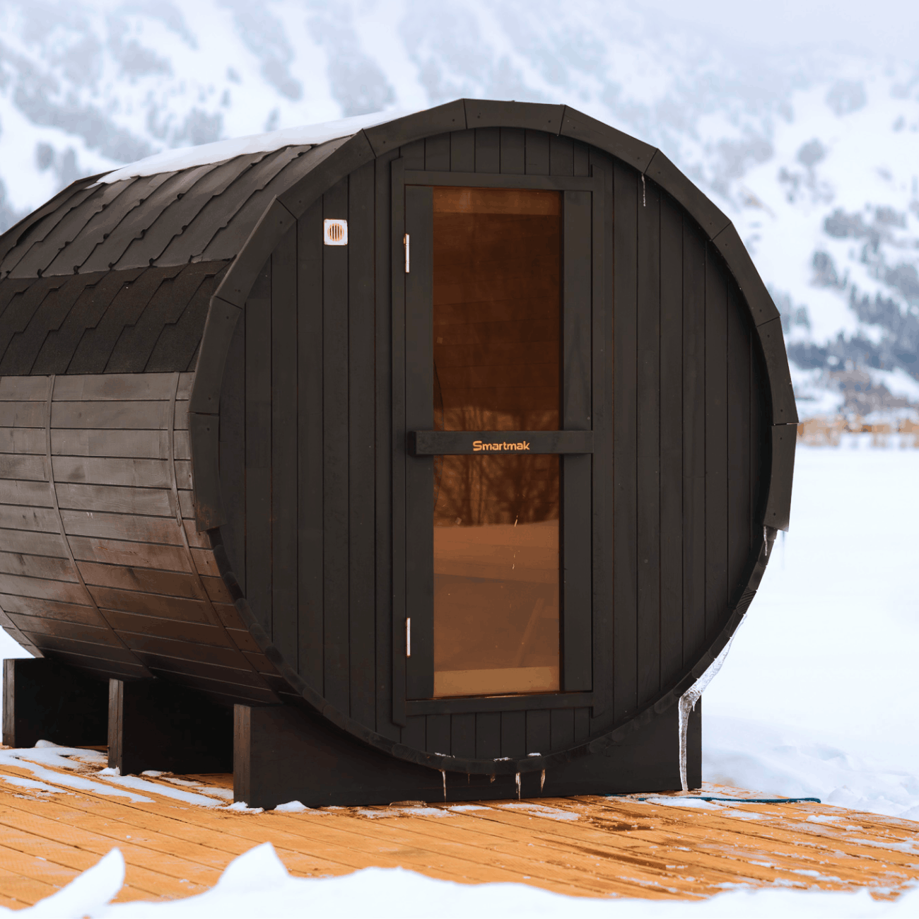 Sauna in front of Grand Teton mountain range.