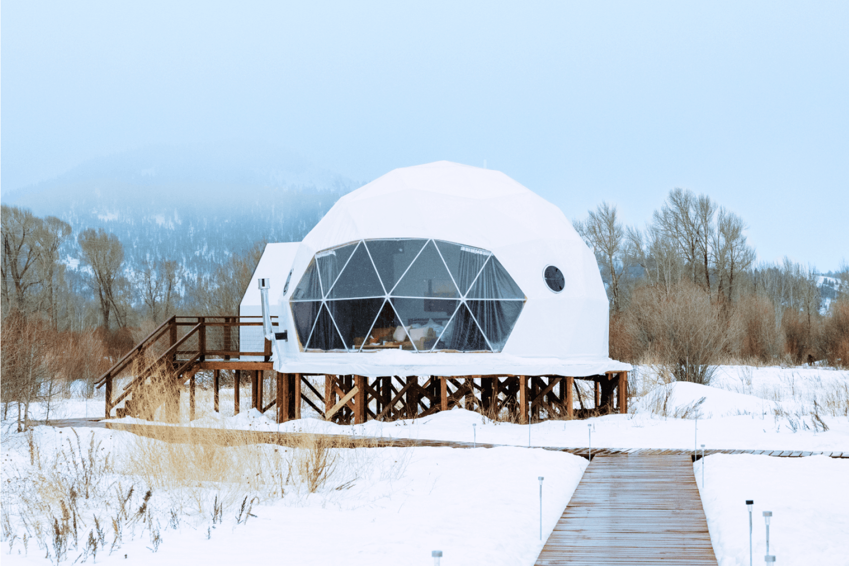 Winter view of one geodesic dome