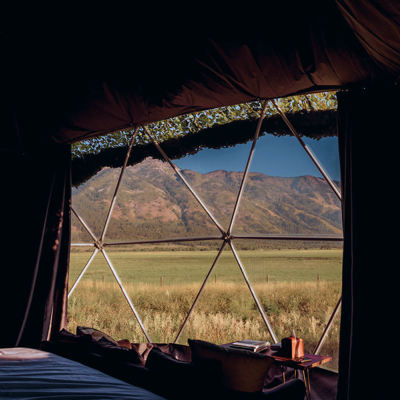 View of geodesic domes and staff building in front of Teton Mountains.