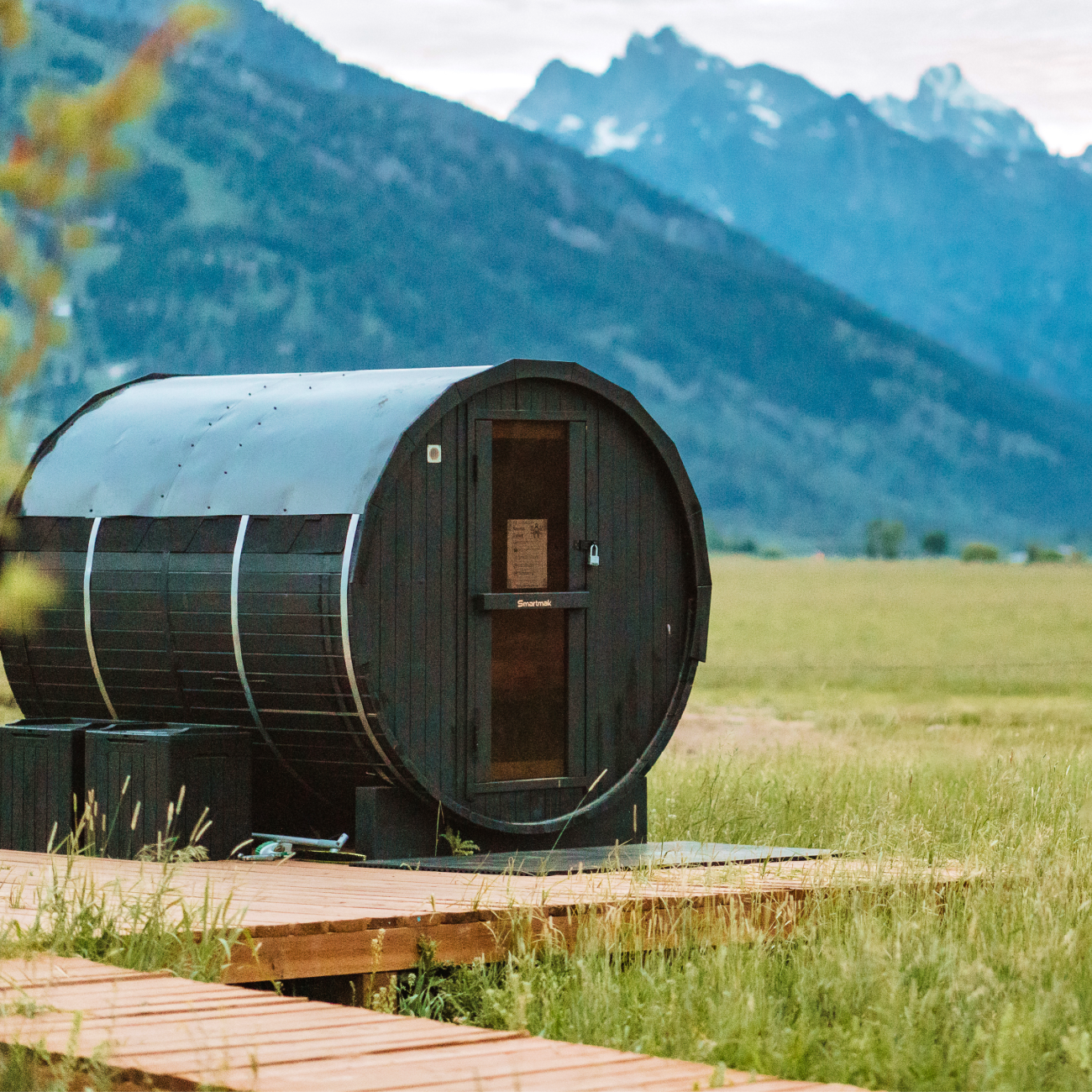 Sauna in front of Grand Teton mountain range.