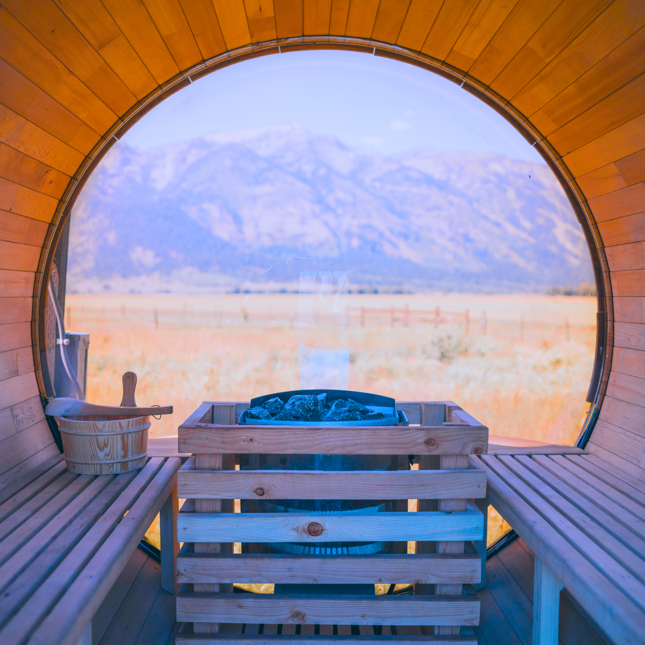 Teton Mountain range view from inside the sauna.