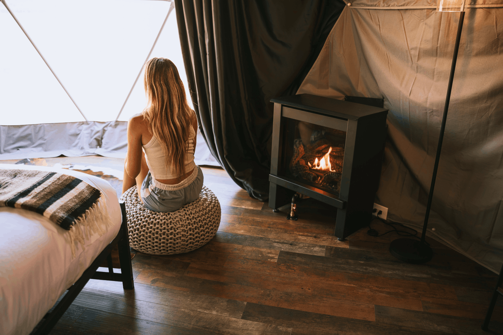 Mirror and bunk bed in geodesic dome