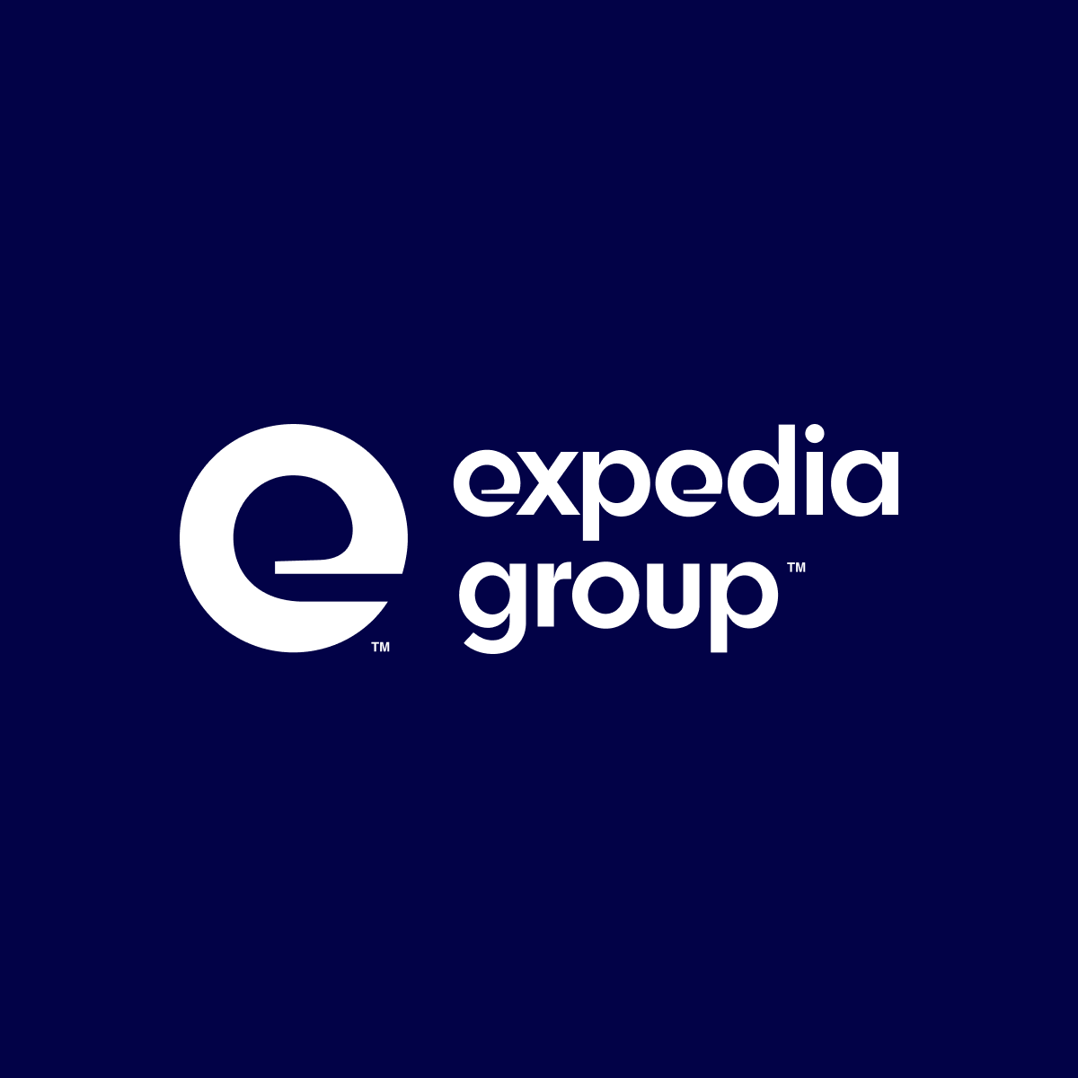 Expedia Group logo with a white 'e' and the word 'Expedia Group' in white on a dark blue background.