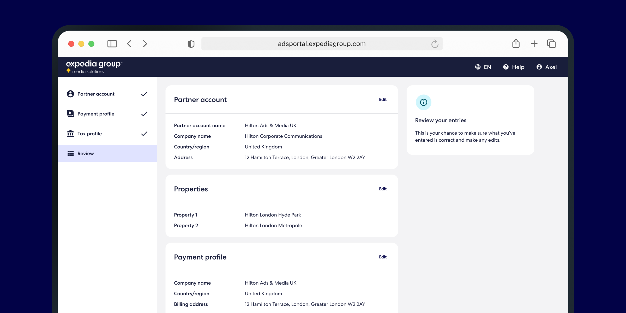 Screenshot of the CAP portal showing the 'Review' section with options to edit the partner account, properties, and payment profile.
