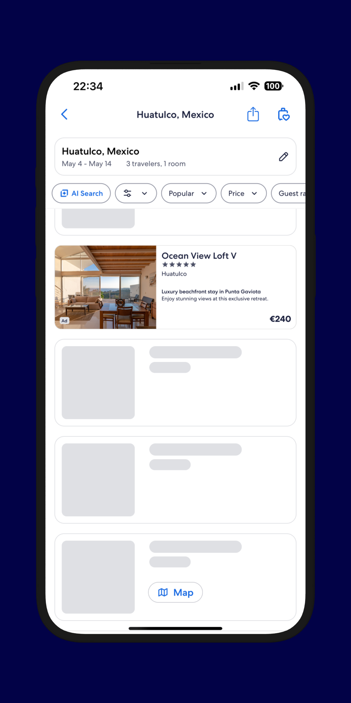 Mobile view of the Expedia app showing a search for accommodations in Huatulco, Mexico, with an ad listing for Ocean View Loft V. The listing includes the price (€240), description, and options to filter results by popularity, price, guest rating, and more.