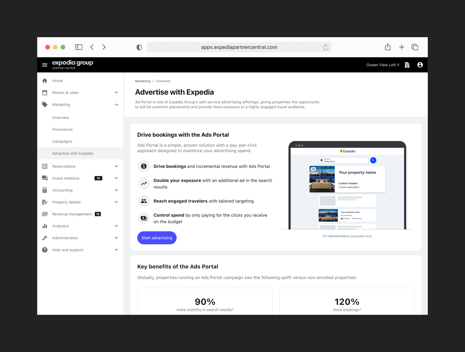 Expedia Partner Central Ads Portal page, showing options for driving bookings, increasing exposure, and reaching targeted travelers. The page includes a visual representation of how an ad for a property will appear, with key benefits of using the Ads Portal listed below.