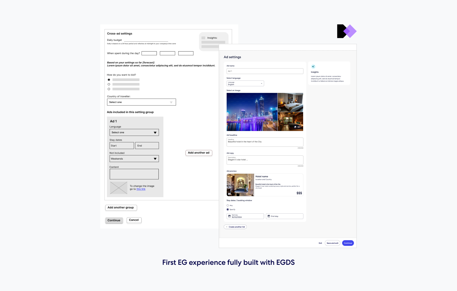 Comparison of low and mid-fidelity wireframes for an Expedia Group experience, showcasing different design levels.