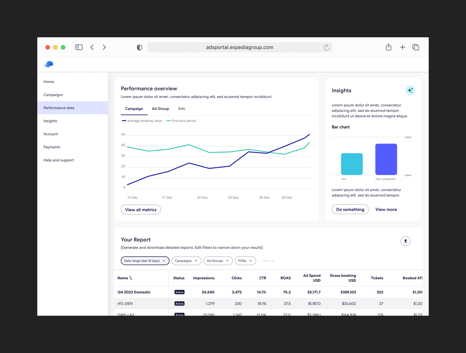 Performance overview comparing campaign performance over time with a focus on booking value and metrics, along with a detailed report section.