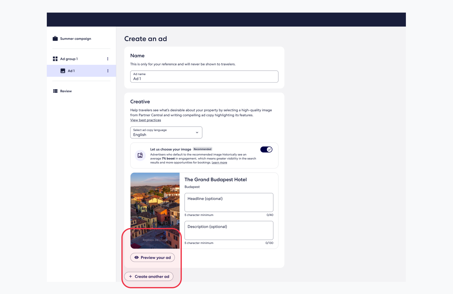 Ad creation screen with fields for naming the ad, selecting the language, and uploading a high-quality image. The page includes options to preview the ad or create another ad.