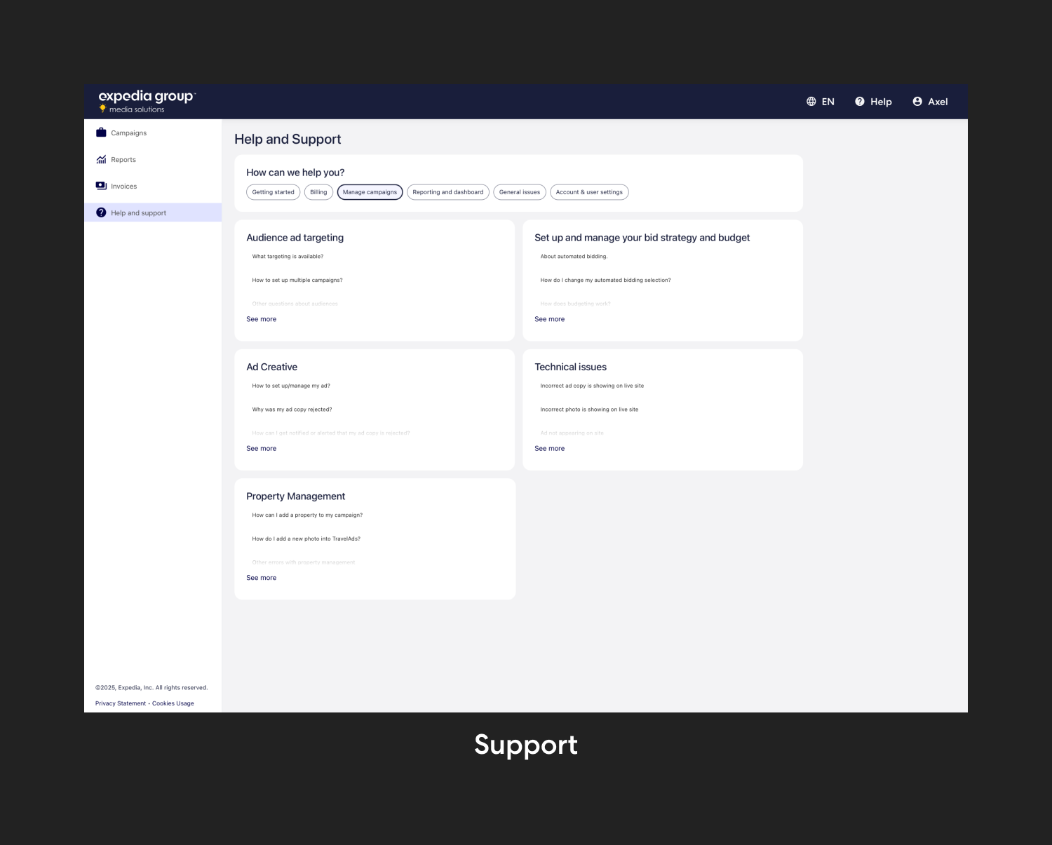 Help and support section in CAP offering assistance on audience targeting, ad creative, technical issues, and property management.