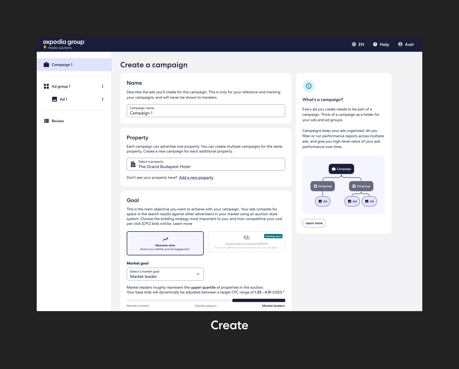 Create an ad screen for TravelAds with options for ad name, language selection, and creative content, along with an image preview.