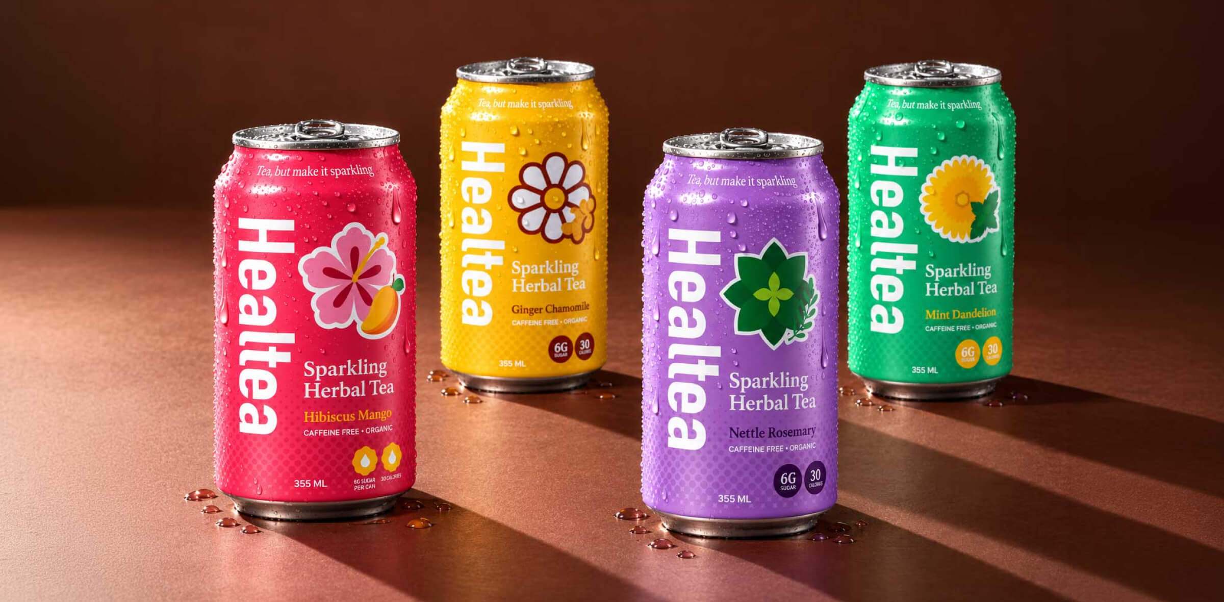 Refreshed Healtea Sparkling Herbal Tea cans in four flavors