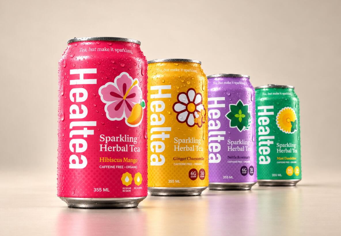 Four Healtea Sparkling Herbal Tea cans after the packaging refresh