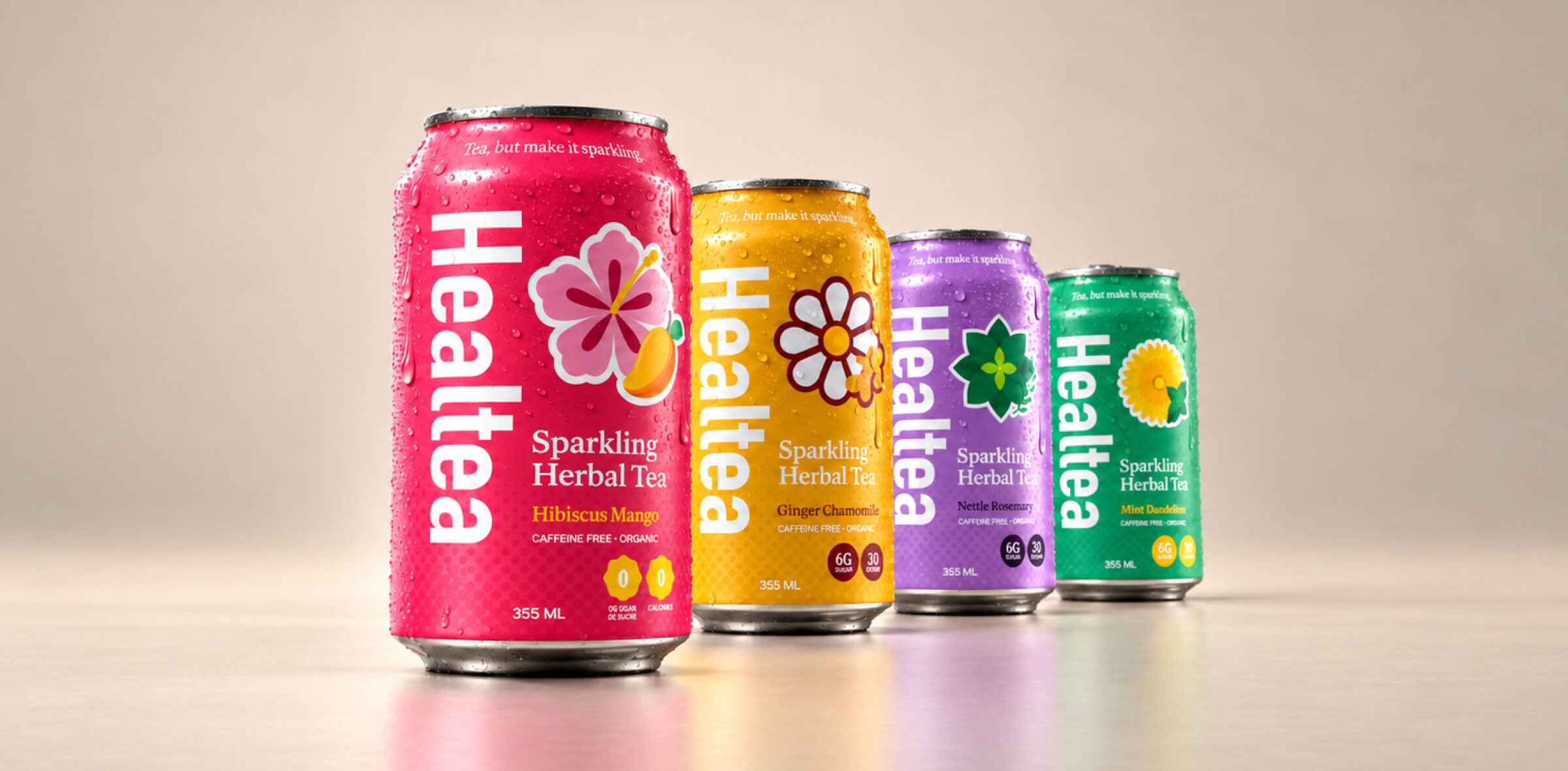 Refreshed Healtea Sparkling Herbal Tea cans in four flavors