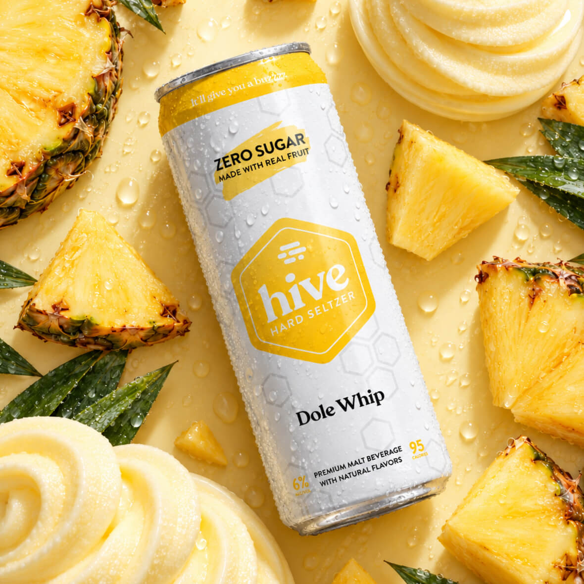Hive Hard Seltzer Strawberry Lemonade can with a water splash