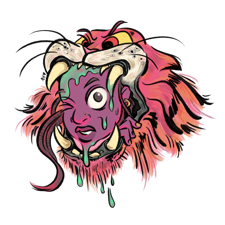 A person crawling out of a salivating tiger mouth. 