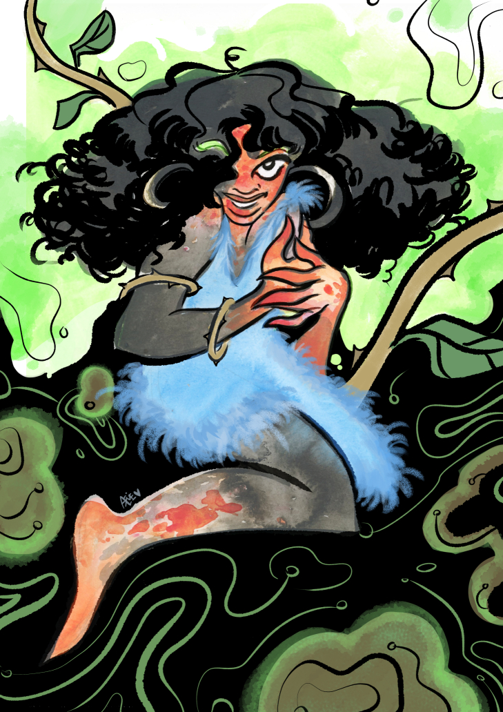 A woman in a feathery dress is surrounded by abstract depictions of nature. 