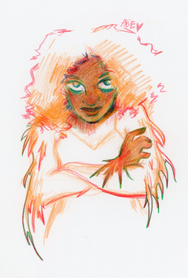 A black femme stares at the viewer as she goes through metamorphosis.