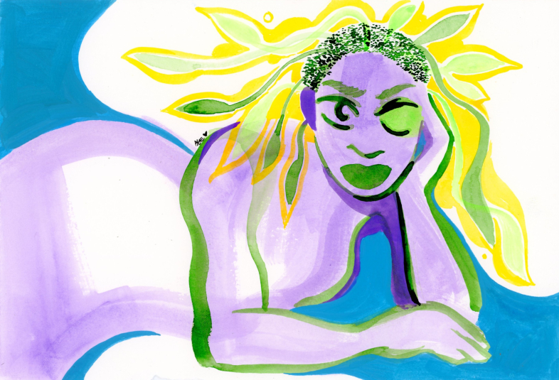 A being with leaves for hair lounges around
. 