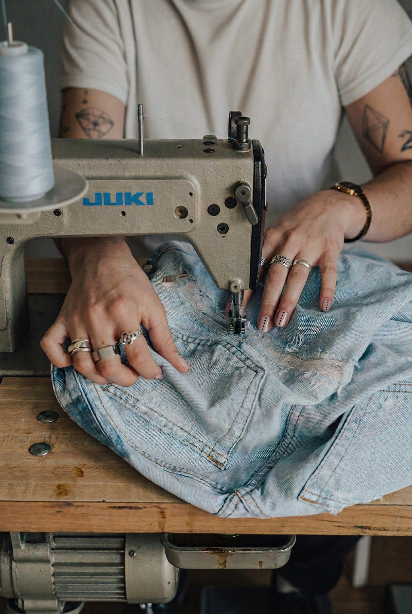 Professional tailor and repair technician repairing ripped denim jeans on an industrial sewing machine at FXRY's Seattle studio