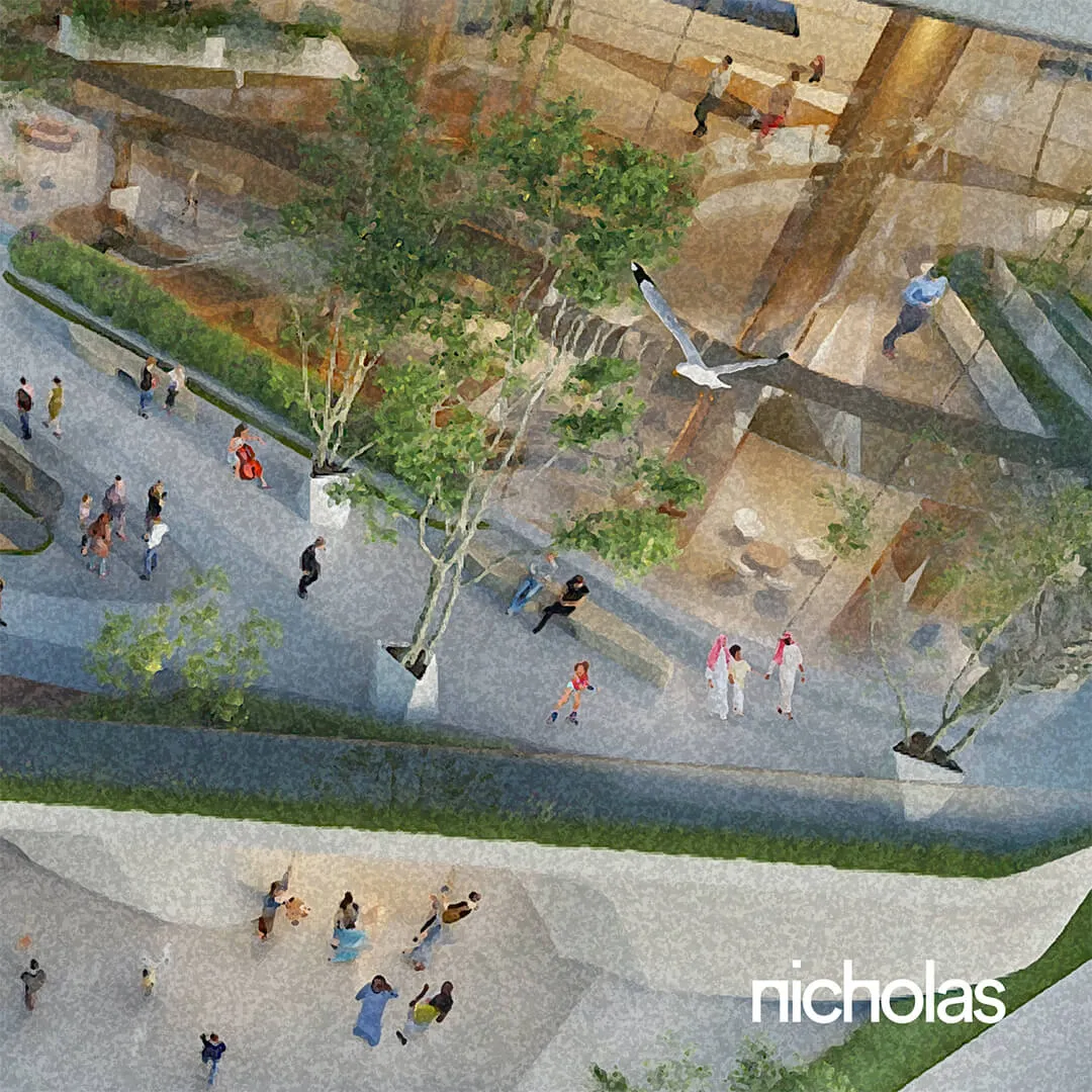 People-centred urban park with greenery, pedestrian paths, and open public spaces designed for community well-being by nicholas