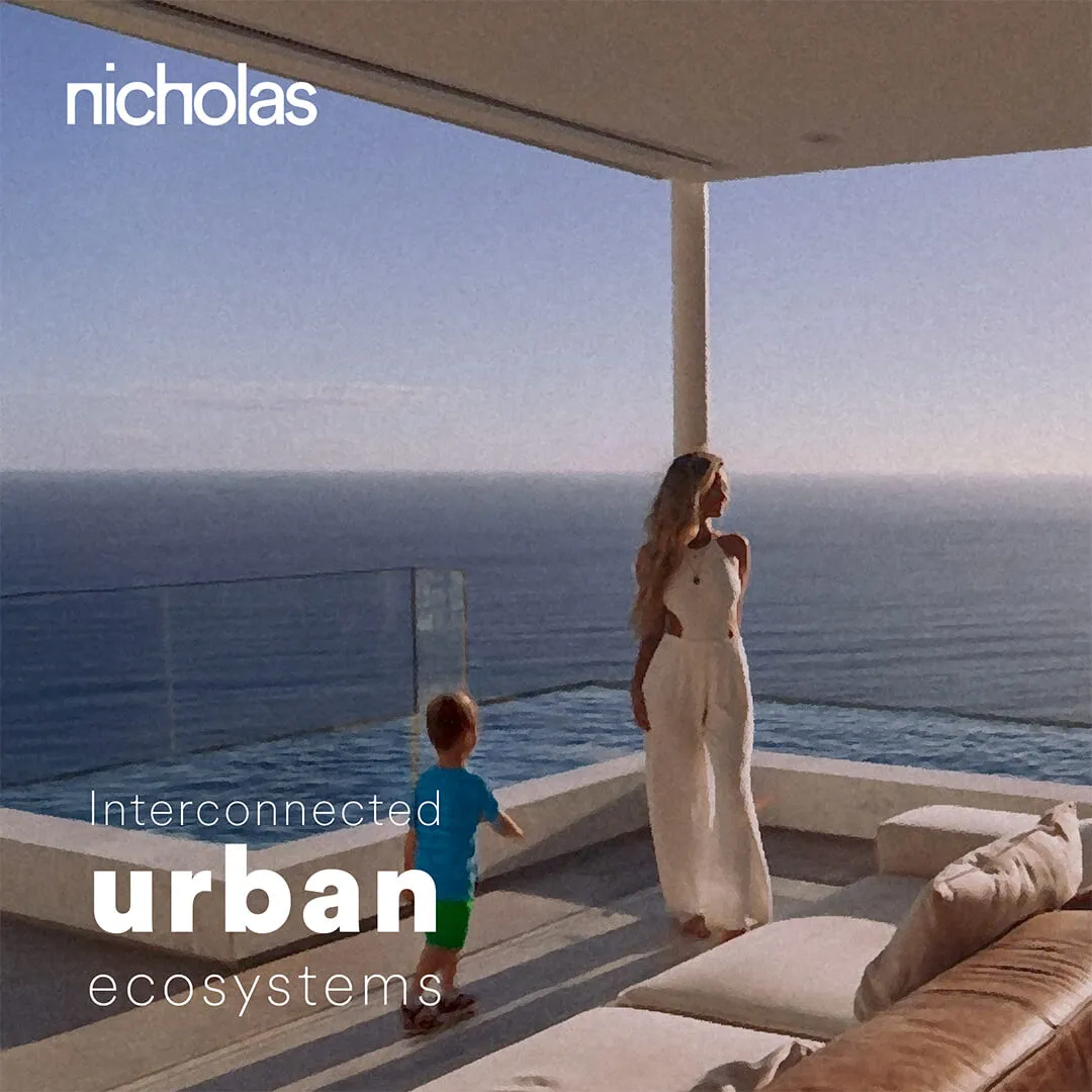 Open rooftop terrace with white architectural design, showing a mother and child in a regenerative living environment