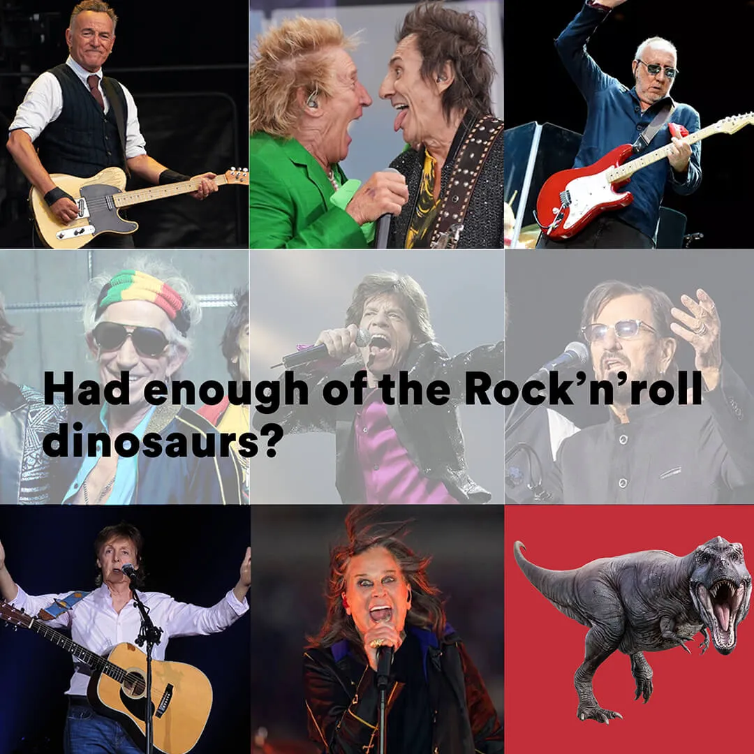 Collage-style image featuring iconic rock’n’roll legends
